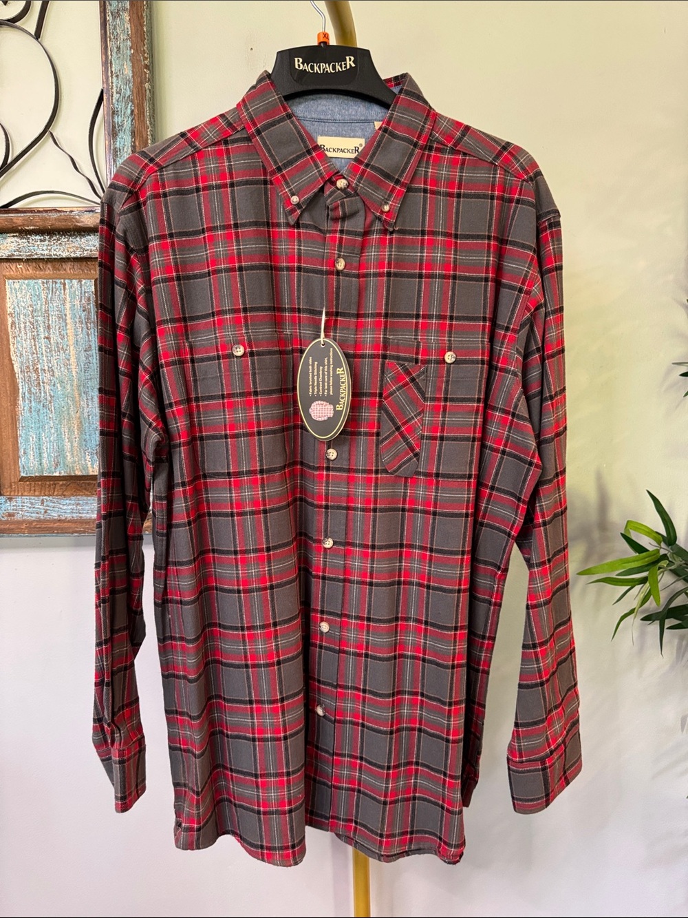 Backpacker Red & Gray flannel Plaid Long-Sleeve Button-Up Shirt NWT XL